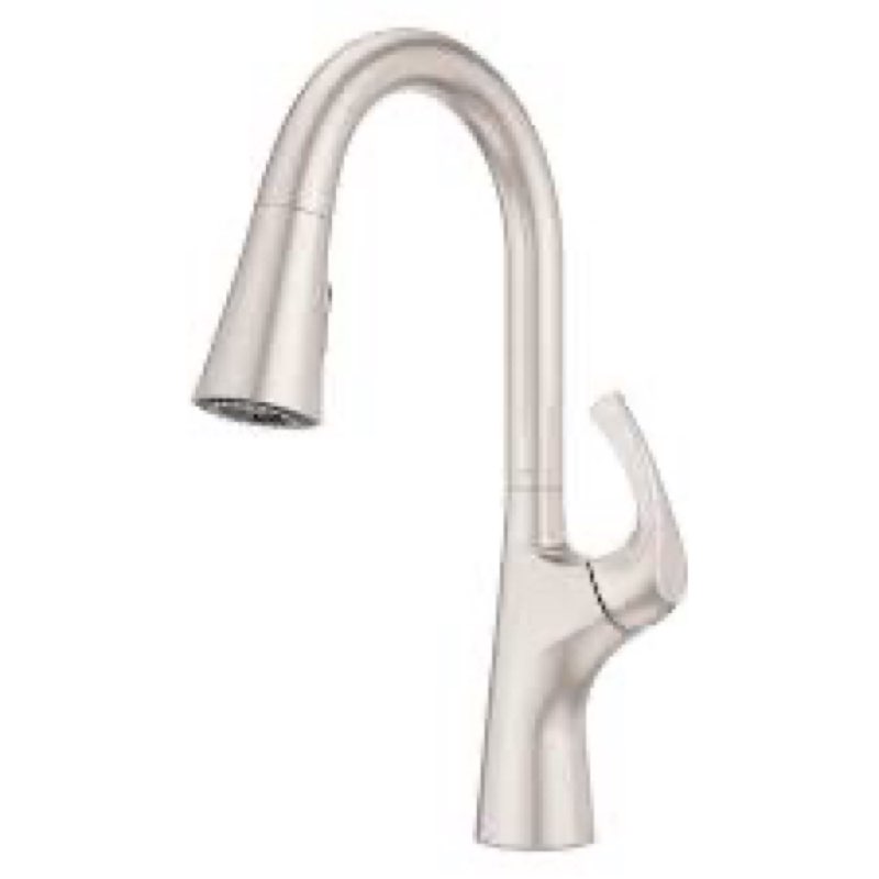 pfister barulli kitchen faucet with pull down sprayer and soap dispenser, single handle, high arc, matte gray
