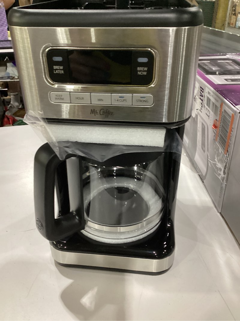 Condition photo showing As Is for broken lid not tested mr. coffee 14 cup programmable coffee maker stainless steel