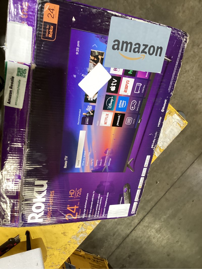 Condition photo showing As Is for roku smart tv – 24-inch select series, 720p hd tv – roku tv with voice remote – flat screen led television with wi-fi for streaming live local news, sports, family entertainment