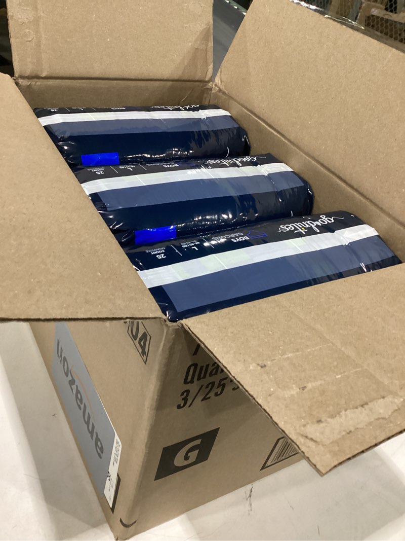 Condition photo showing Good Condition for goodnites boys' nighttime bedwetting underwear, size large (68-95 lbs), 75 ct (3 packs of 25), packaging may vary large 75