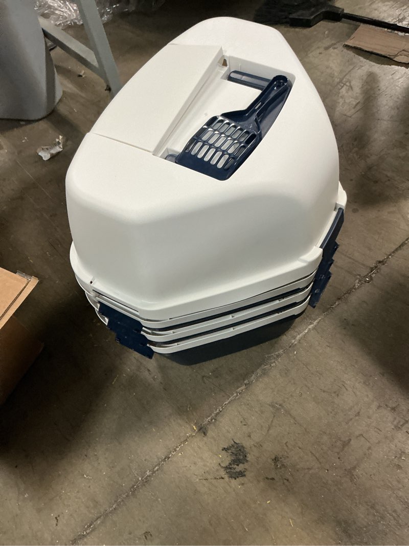 Condition photo showing As Is for IRIS Large Corner Cat Litter Box with Lid | Enclosed Design, Handle & Buckles, Navy/White