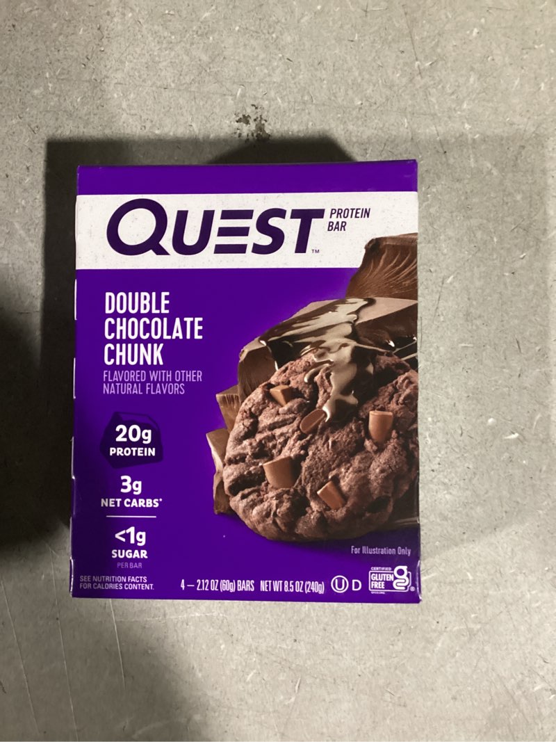 Condition photo showing New/Like New for Quest Nutrition Double Chocolate Chunk Protein Bars, 20g Protein Bars, 1g Sugar, 4g Net Carb, Gluten Free, Keto Friendly, 4 Count Double Chocolate Chunk Protein 4 Count (Pack of 1)