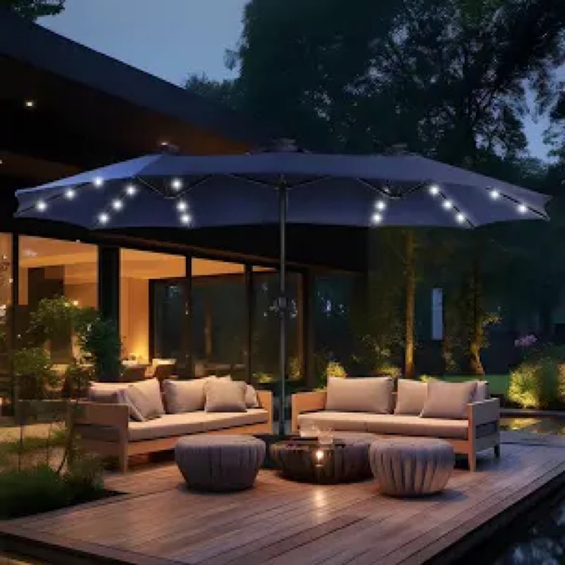 15ft double sided patio umbrella with solar lights, outdoor large umbrellas with crank handle and 36 led lights, rectangular market umbrella with base included for deck pool shade, navy blue