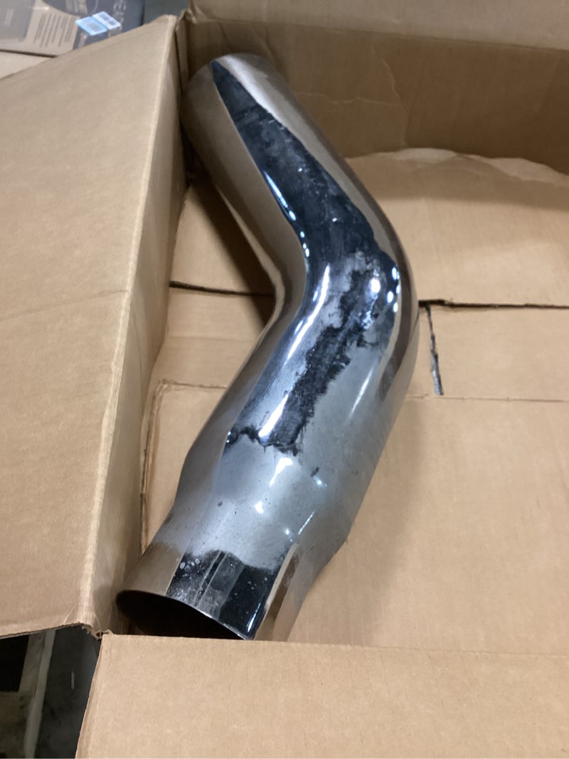 Condition photo showing As Is for A-KARCK Elbow Exhaust Tip 4.0" Inlet with a Clamp, Chrome Tailpipe Tip with 4.0" Inlet 5.0" Outlet 23" Overall Length, Turn Down Exhaust Tip Chrome Structure for High Temperature Resistance 4" Inlet 5" Outlet + Clamp Silver
