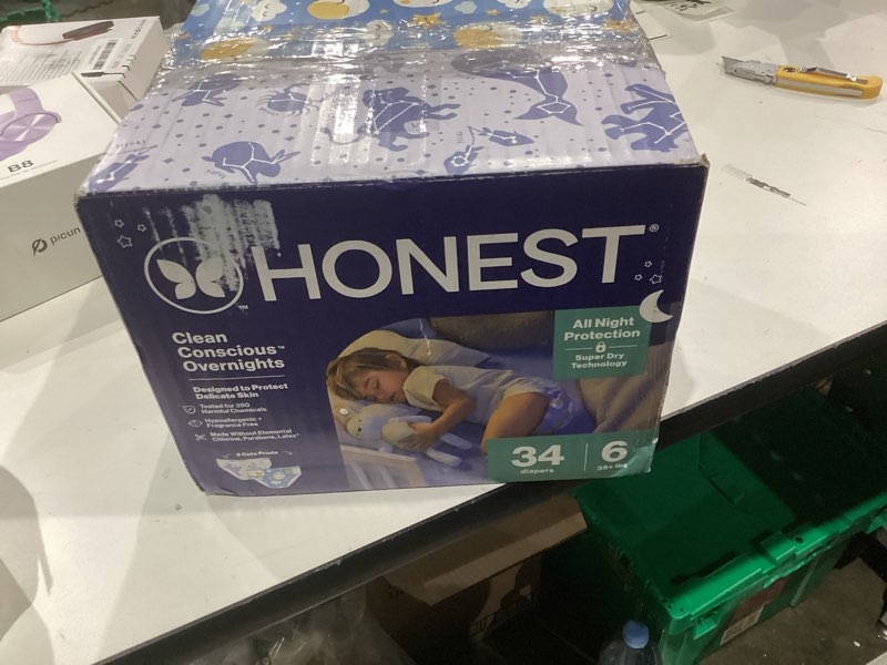 Condition photo showing New/Like New for Clean Conscious™ Overnight Diapers | Up to 12 Hours of Protection | Hypoallergenic + Fragrance Free | Cozy Cloud + Star Signs | Size 6, 34 Count Club Box Size 6 34