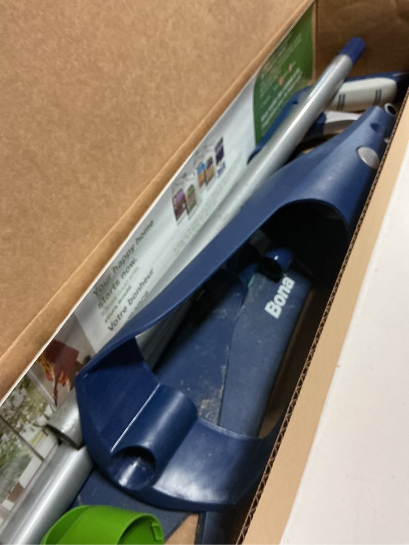 Condition photo showing As Is for bona premium motion multi-surface floor spray mop - includes multi-surface floor cleaning solution and machine washable microfiber cleaning pad - for stone, tile, laminate, and vinyl floors