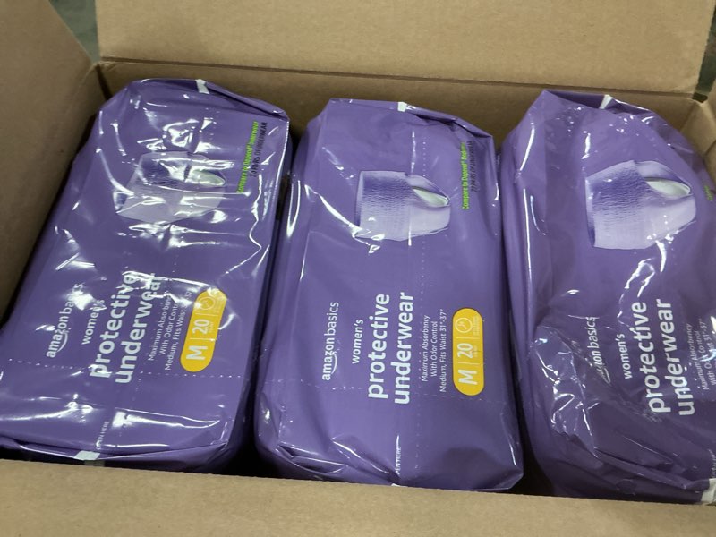 Condition photo showing Good Condition for amazon basics postpartum incontinence underwear for women, maximum absorbency, disposable, fresh protection, odor control, comfortable fit, medium, lavender, 20 count (pack of 2) medium (pack of 2) 40
