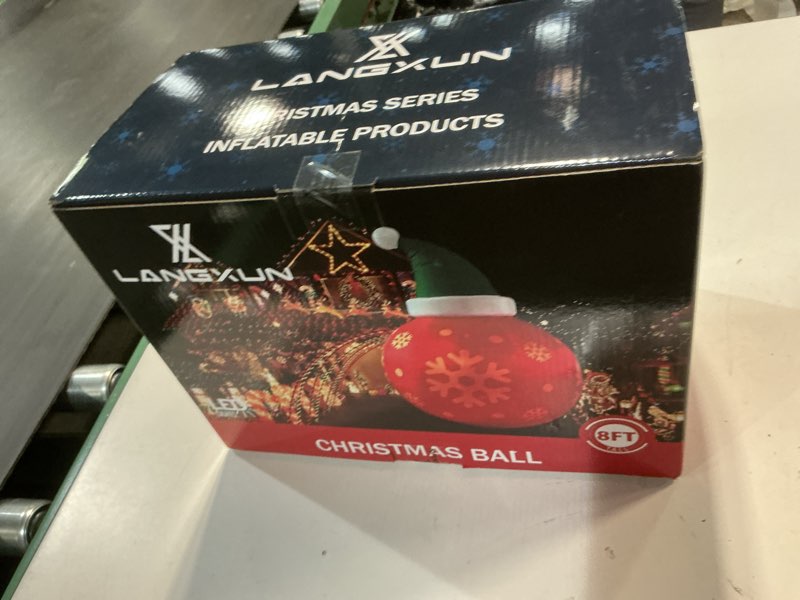 Condition photo showing New/Like New for 8ft Red Christmas Ball with Santa Hat Inflatable Outdoor Indoor Decor, Giant Blow Up IP44 Weatherproof Xmas Decorations for Yard, Built-in 7-Color LED Rotating Light for Gardern Lawn Winter Holiday