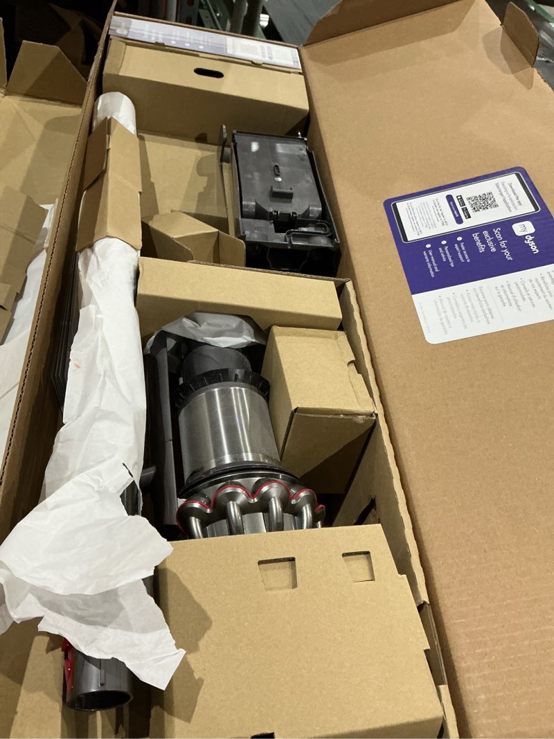 Condition photo showing As Is for dyson v15 detect plus cordless vacuum, illumination reveals dust, 240aw, 3 power modes, up to 60 minutes,² deep cleans hard floors and carpets, detangles pet hair, converts to handheld