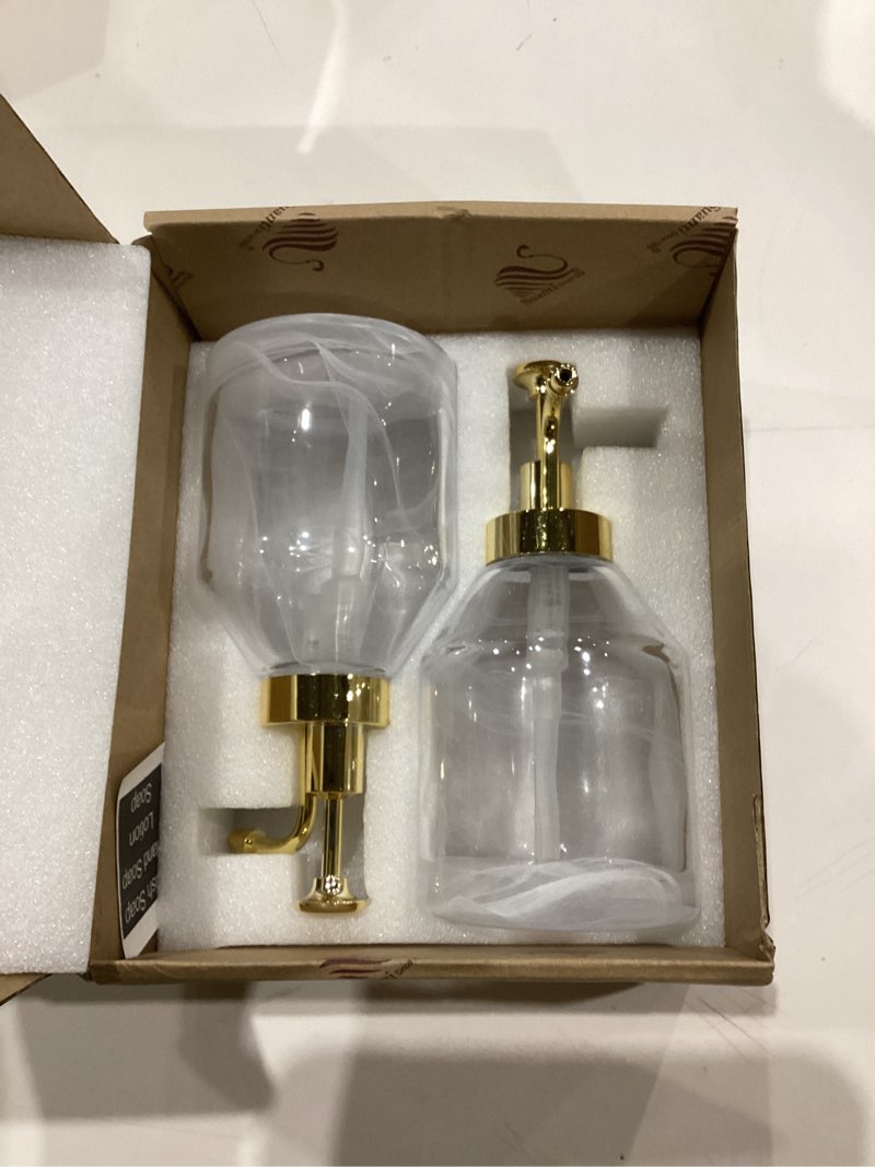 Condition photo showing As Is for (Similar to) (clear glass with gold pump)  Thick Glass Black Marble Soap Dispenser with Matte Black Pump,Decorative Liquid Hand Dish Soap Dispenser for Bathroom and Kitchen,Luxury Dispenser for Coffee Syrup,Lotion,Essential Oil Black Cloud Pattern-clear