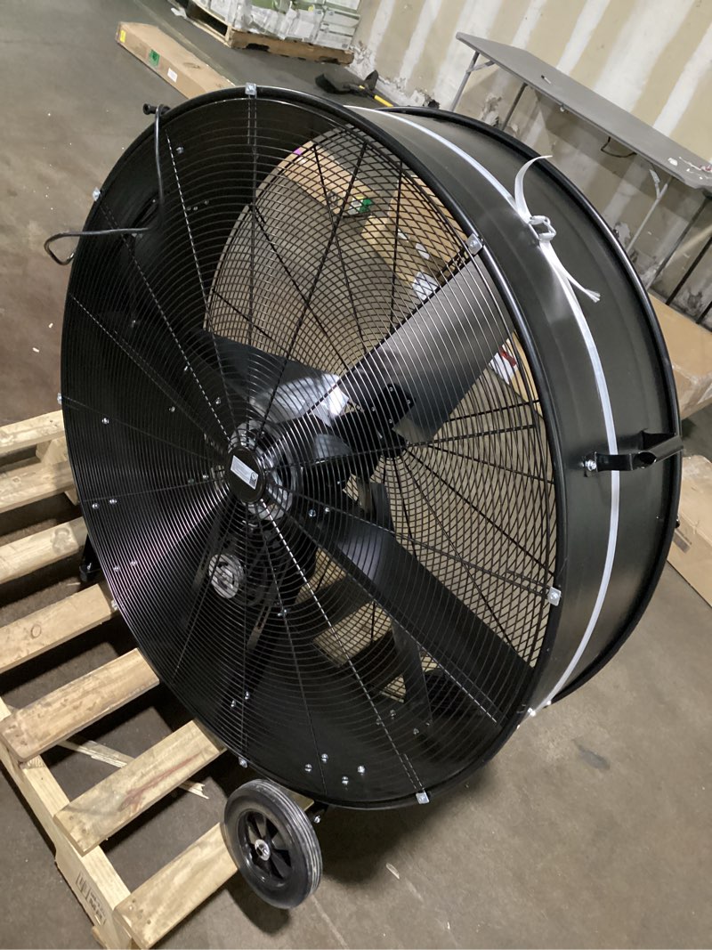 Condition photo showing As Is for utilitech 42-in high velocity indoor industrial fan, in black