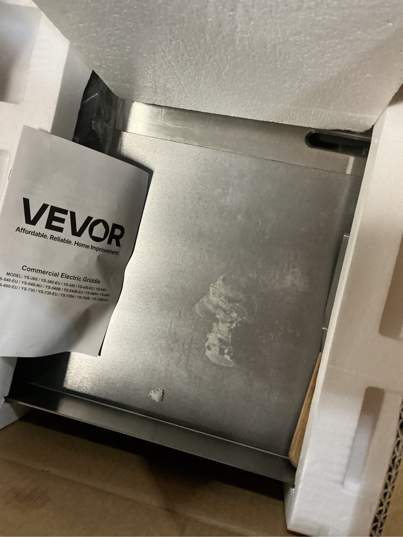 Condition photo showing As Is for VEVOR Commercial Electric Griddle, 21 x 11.8 inch, 1750W, 122-570°F Adjustable Temp Control, Stainless Steel Countertop Flat Top Grill with 2 Spatulas, 2 Brushes and 4 Foot Pads, for Steak, Pancake 22" 1750W