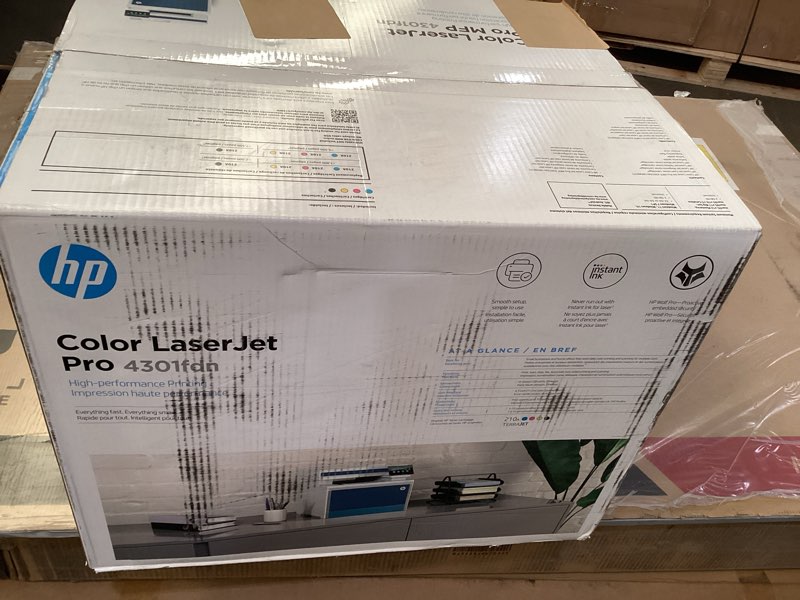 Condition photo showing As Is for HP Color LaserJet Pro MFP 4301fdn Printer, Print, Scan, Copy, Fax, Fast, Easy setup, Mobile printing, Advanced security, Best-for-small teams. Ethernet & USB only. Not Wireless. 16.6 x 17.1 x 15.1 in. New version