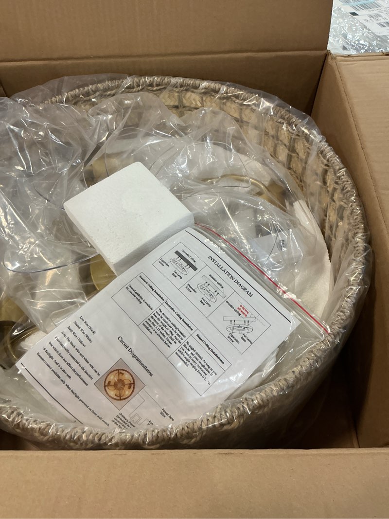 Condition photo showing Good Condition for Boho Caged Ceiling Fans with Lights Flush Mount, Hand-Woven Rattan Ceiling Fans with Light and Remote Control, Enclosed Timing 6 Speeds Reversible for Living Room Bedroom Dining Room(similar)