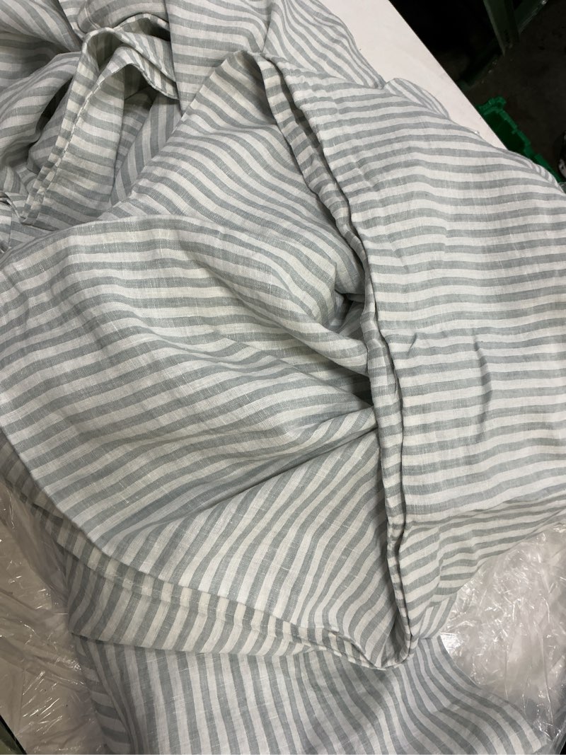 Condition photo showing As Is for ( only duvet )quince, european linen duvet cover,  set of 3 , color mist/white stripe