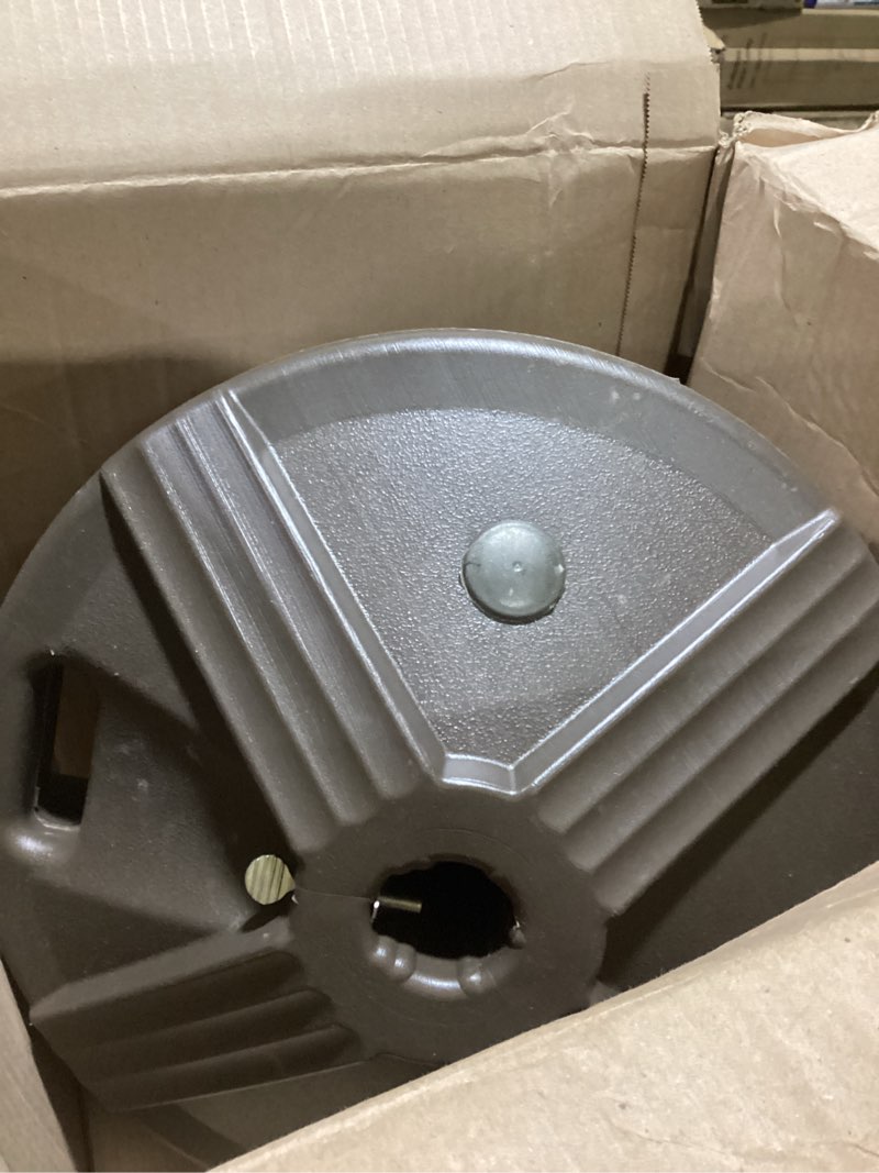 Condition photo showing As Is for us weight durable fillable umbrella base for patio table - 50 pound capacity heavy duty adjustable stand for outdoor umbrellas - made in the usa bronze