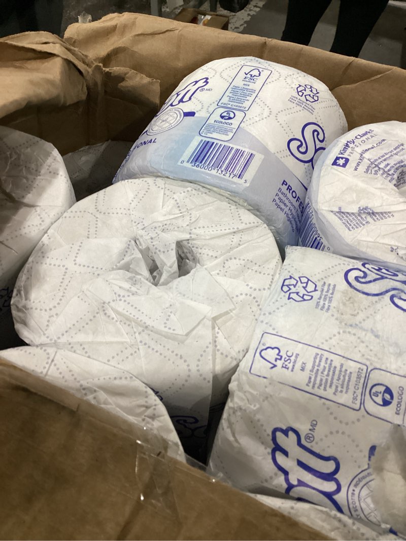 Condition photo showing As Is for scott professional 100% recycled fiber standard roll bulk toilet paper (13217), 2-ply, elevated design, white, individually wrapped (80 rolls of 473 sheets, 37,840 sheet total)