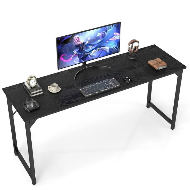 olixis computer office desk, 63 inch writing work study pc wood modern desk with storage bag & headphone hook simple bedroom for 2 person kids student table, black black 63 inch