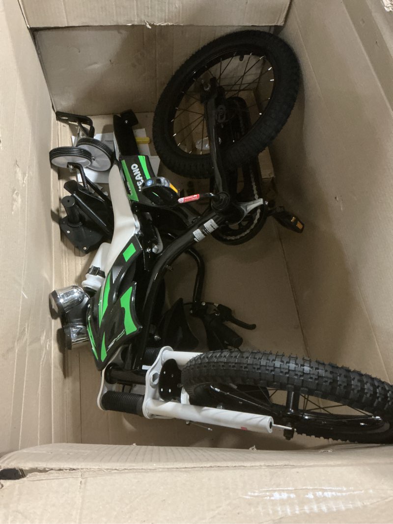 Condition photo showing As Is for keano motocross style kids bike for boys girls ages 3-7 years, 12 & 16 inch bikes with training wheels and number plate, children bicycles black green 12 inch with training wheels