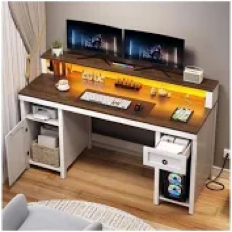 dwvo farmhouse office desk with drawer & power outlets, rattan computer desk w/led strip & monitor stand for bedchamber study, home office table w/storage cabinet for working writing gaming (oak)