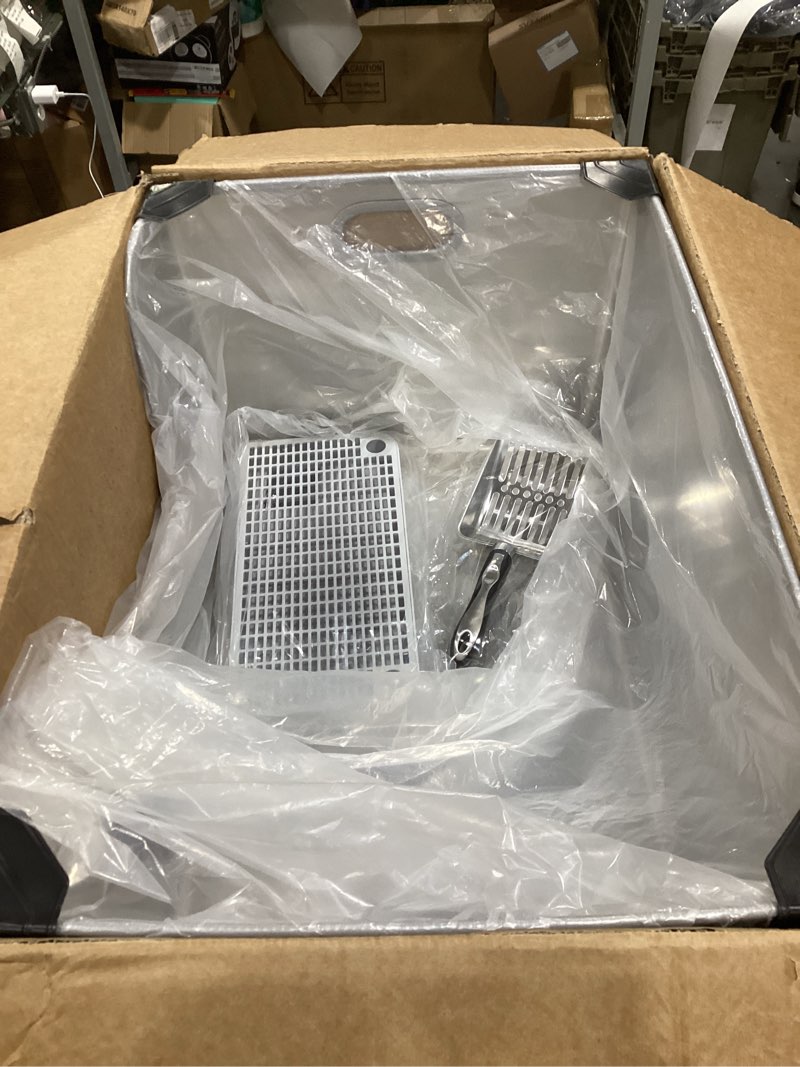 Condition photo showing New/Like New for 40L XXL Stainless Steel Cat Litter Box with High Sides,XXXL Metal Maine Coon Litter Box with Tall Walls for Big & Multiple Cats,One-Piece Deep Litter Box with Low Entry,Anti-Leakage,Non-Sticky 1 Pack