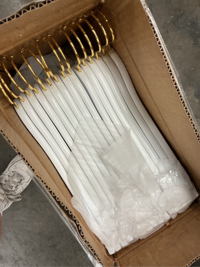 Condition photo showing New/Like New for amber home 30 pack white wooden coat hangers with gold hook, white wood suit hangers with non-slip pant bar, clothes hangers for closet organization, shirts, jackets, dresses and pants (white+gold,30)