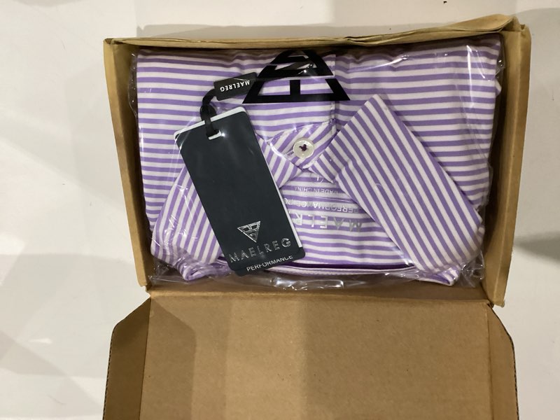 Condition photo showing Good Condition for Golf Shirts for Men Dry Fit Short Sleeve Print Performance Moisture Wicking Polo Shirt STRIPE Large Lavender/White Stripe
