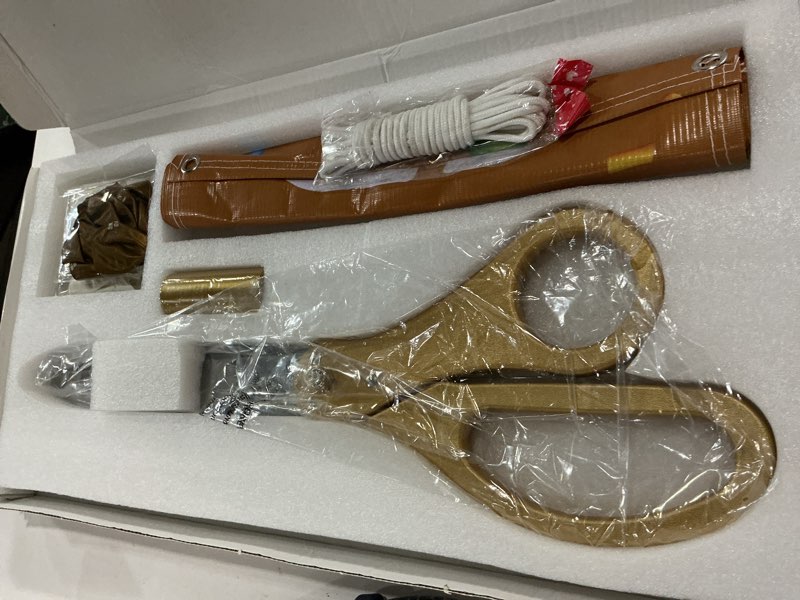 Condition photo showing New/Like New for sircles grand opening ribbon cutting ceremony kit - 25" giant scissors, 5yd of 4" wide ribbon, 10ft banner, 8 gold & 8 white balloons, 19 ft banner rope, 2 rolls balloon ribbon - grand opening kit
