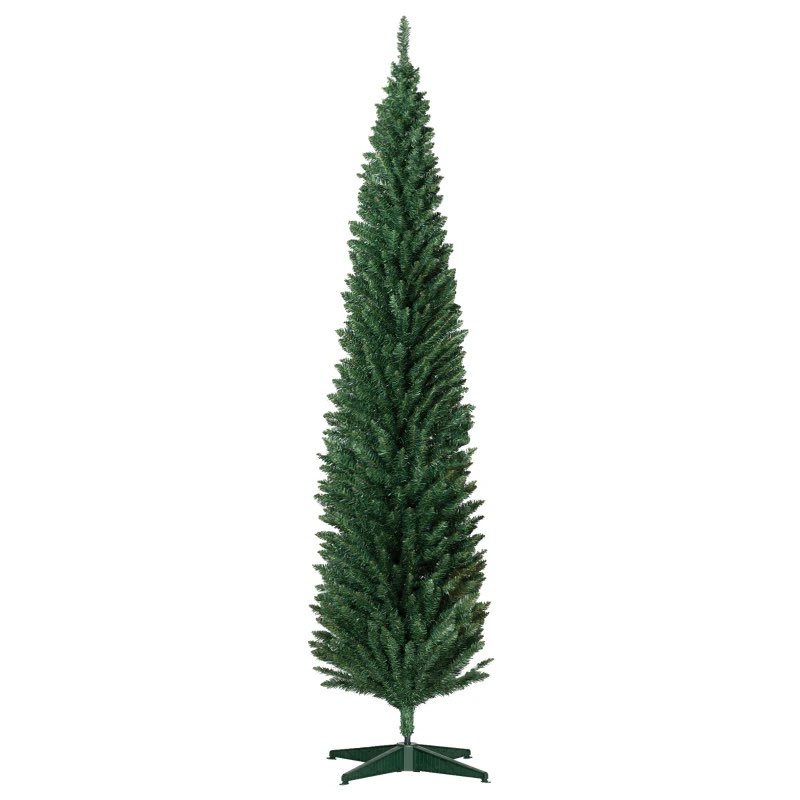 homcom 8ft unlit pencil artificial christmas tree with realistic branches and 618 tips, plastic base, green