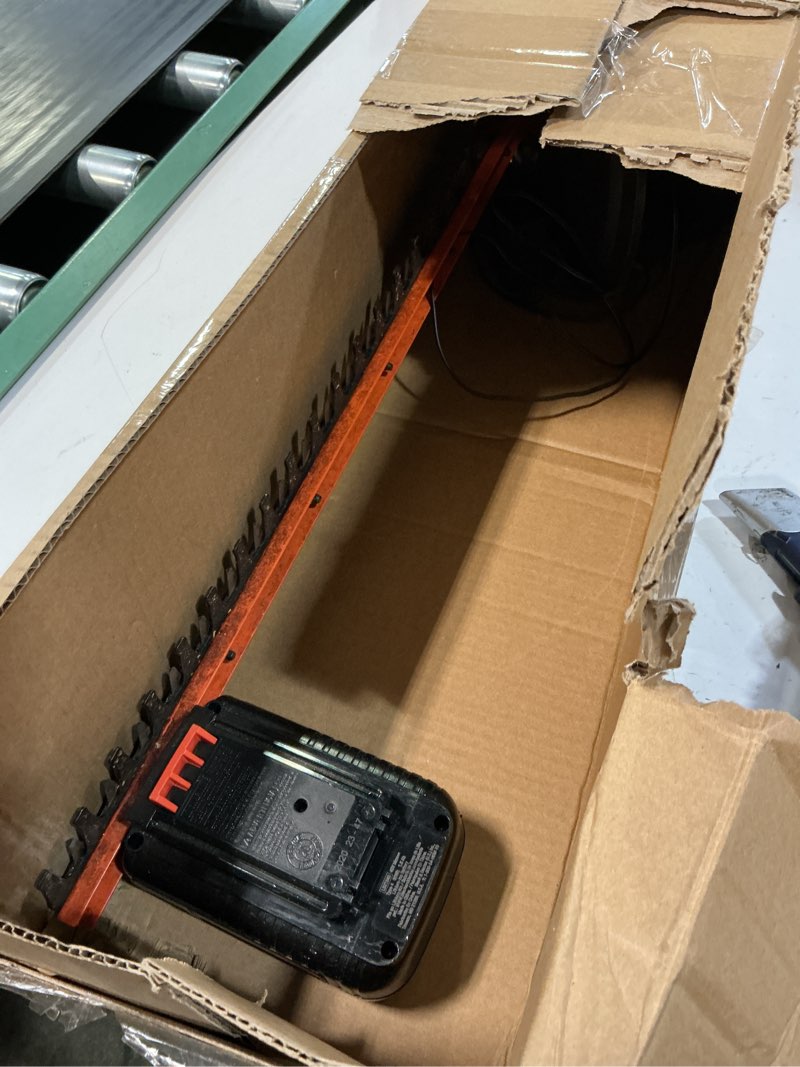 Condition photo showing As Is for black+decker 20v max cordless hedge trimmer, battery and charger included, 22 inch steel blade lightweight bush trimmer, soft grip, less vibration (lht2220)