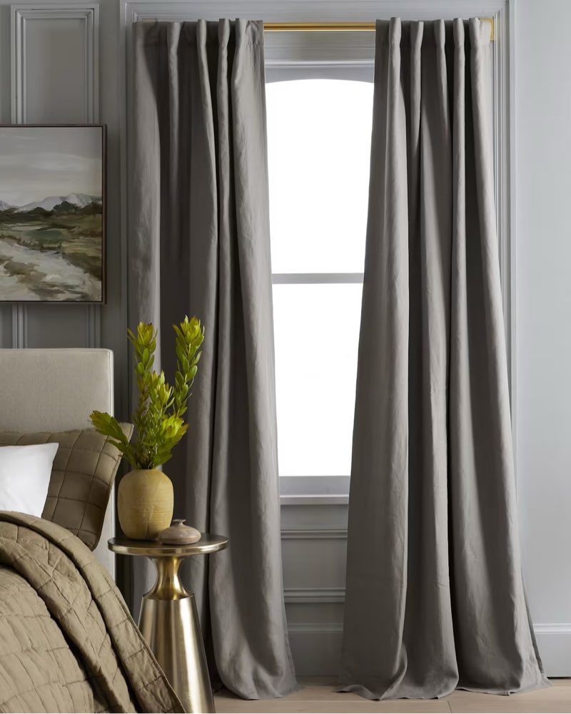 Condition photo showing As Is for quince european linen room darkening curtain - single panel color grey 48*84 inc 