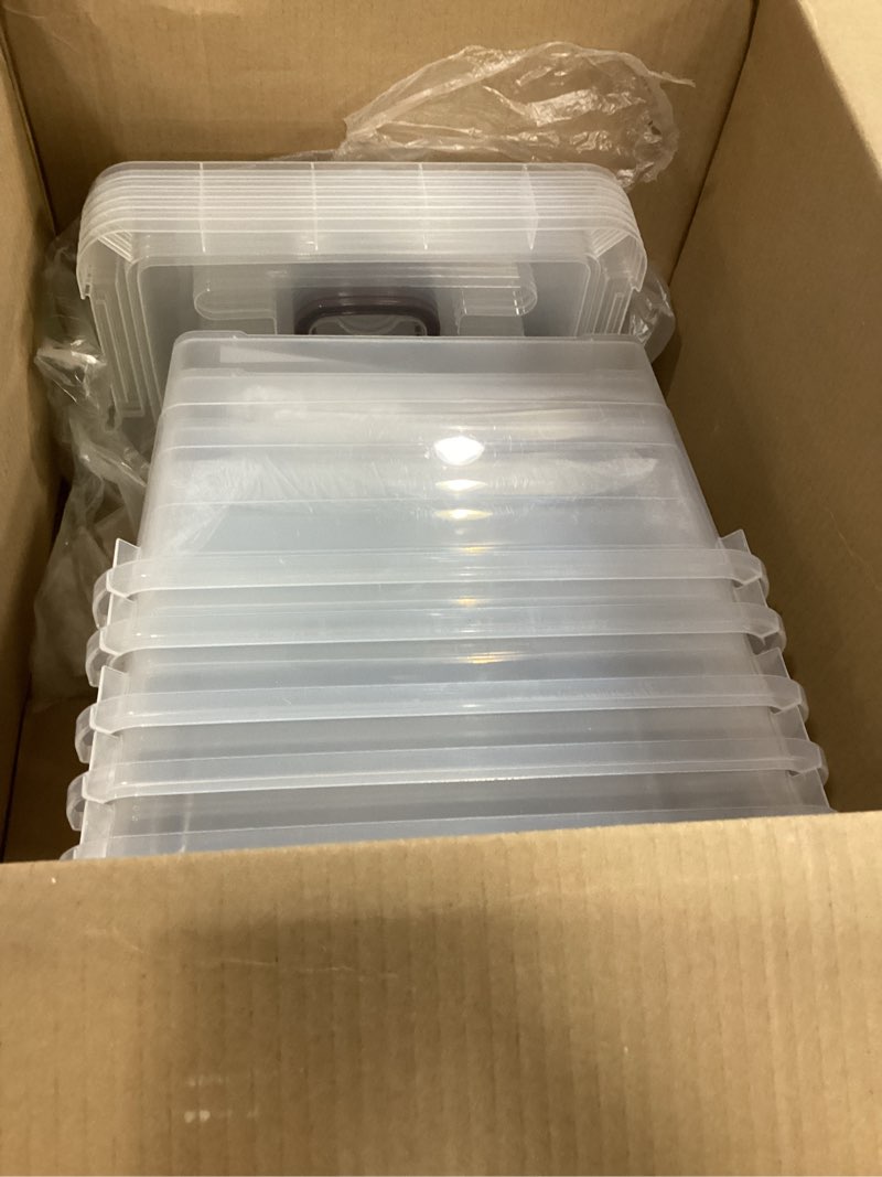 Condition photo showing As Is for wyt 6-pack clear 7 quart storage latch box/bins, plastic stackable latching box with brown handle and lid, multi-purpose, 7 litre 7qt - 6 pack