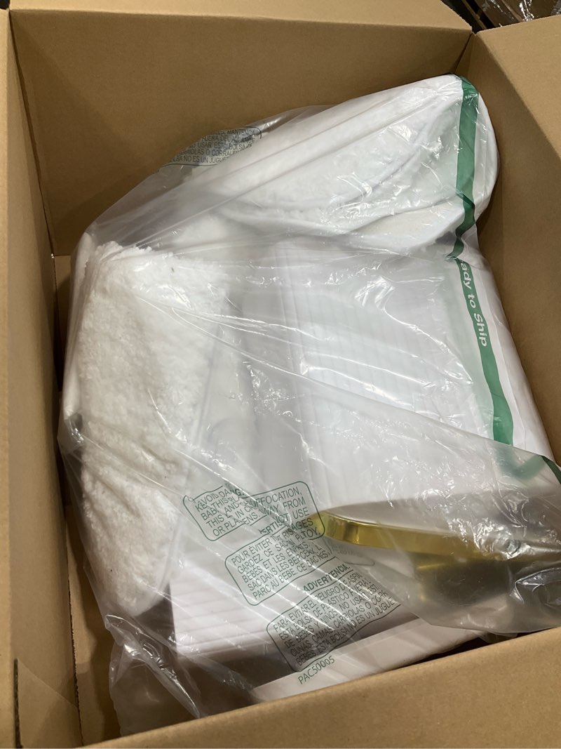 Condition photo showing As Is for Bathroom Accessory Set - Bathroom Set, 27PC Bathroom Accessories Set, White Bathroom Sets with Shower Curtain and Rugs, Mini Trash Can, Toilet Brush, Trash Can & Soap Dispenser White&Gold Bathroom Set&Shower Curtain &Rugs