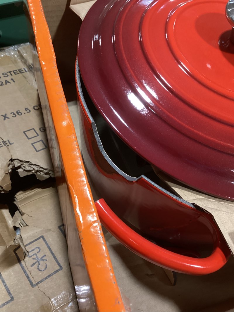 Condition photo showing As Is for le creuset enameled cast iron signature round dutch oven, 7.25 qt., cerise