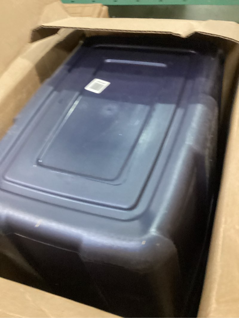Condition photo showing As Is for Rubbermaid Roughneck Tote 18 Gal, 6 Pack, Made in USA, Dark Indigo Metallic, Rugged Plastic Stackable Storage Bins with Lids and Handles 18 Gal - 6 Pack