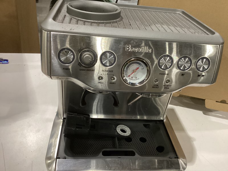 Condition photo showing As Is for Used missing water tank Breville - the Barista Express Espresso Machine with 15 bars of pressure, Milk Frother and intergrated grinder - Stainless Steel