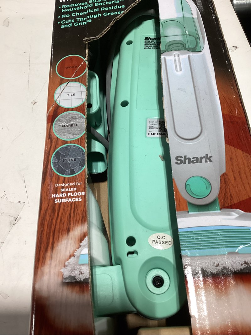 Condition photo showing Good Condition for Shark Steam Mop with 3 Machine Washable Dirt Grip Pads & 1 Scrub Pad, Removable Water Tank, Lightweight, Steam Cleaner for sealed Hard Floors, Marble, Stone, Hardwood, Tile, Laminate, White/Seafoam S1000 + 2 Mop Pads
