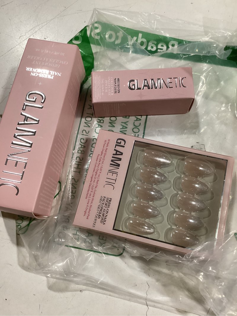 Condition photo showing New/Like New for Glamnetic Press On Nails - Polar Day | Short Almond Fake Nails with Ombré Lilac Tips and Glossy Velvet Finish, Salon Quality | 15 Sizes - 30 Nail Kit with Glue