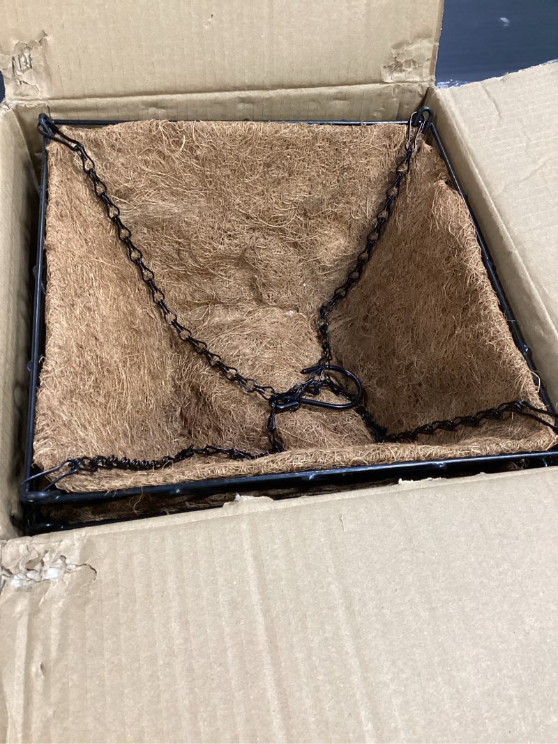 Condition photo showing Good Condition for 2 pack 12 inch square shape metal hanging baskets for plants outdoor, hanging planters basket with coco liners, hanging baskets flower pots for garden, patio, deck, porch plants