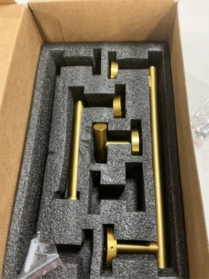 Condition photo showing Good Condition for TURS Brushed Gold 5 Pieces Bathroom Hardware Set, SUS304 Stainless Steel 24 Inch Bath Towel Bar Set, Round Bathroom Accessories Kit Wall Mounted Brushed Gold-5 pcs