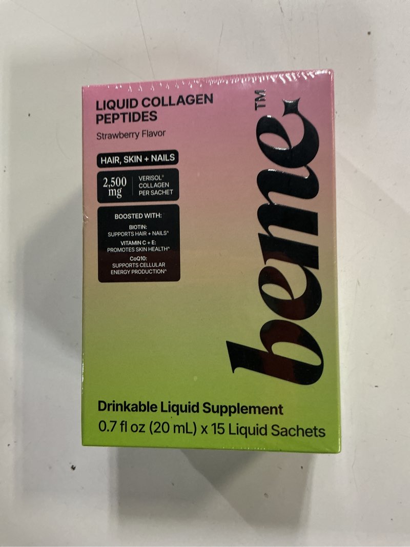 Condition photo showing New/Like New for (best  before 15 apr 2027) beme liquid collagen for women — 2,500mg hydrolyzed bovine collagen peptides drink with biotin & vitamin c — clinically studied collagen supplement for hair, skin & nails — strawberry, 15 sachets strawberry 10.5 fl oz (pack of 1)