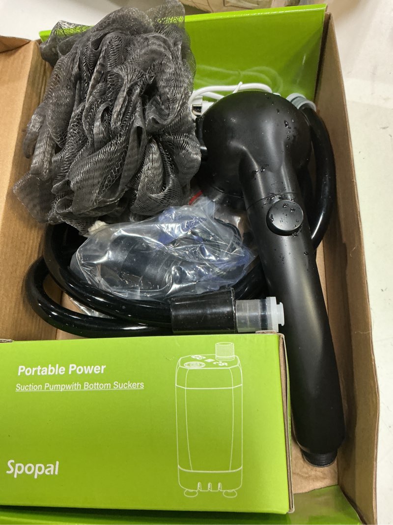 Condition photo showing As Is for portable shower for camping, [long-lasting] spopal 6000mah rechargeable camping shower with intelligent led display, 4 spray modes, ipx7 waterproof outdoor camp pump for hiking, travel, car, pet grey