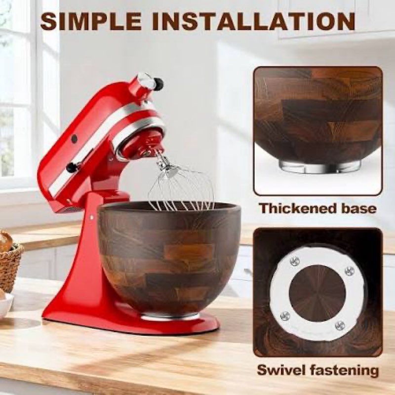 5 qt wood mixing bowl, compatible with kitchenaid 4.5-5 quart tilt-head stand mixers, vortex flow de