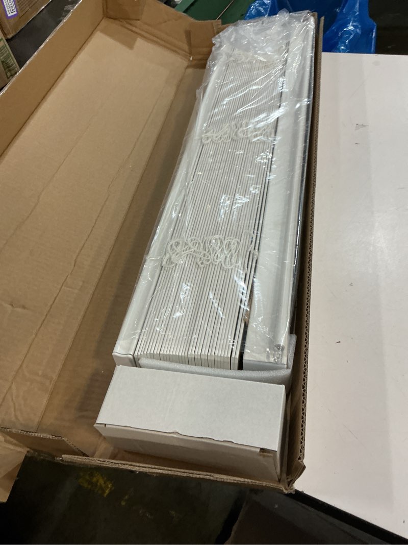 Condition photo showing Good Condition for cordless faux wood blinds 28" w x 60" h, 2 inch slat horizontal windows blinds with crown valance, room darkening blinds, white blinds for home interiors. 28"w x 60"h