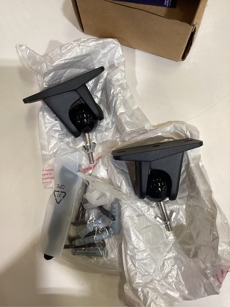 Condition photo showing As Is for surround sound rear speaker wall mount, ceiling mount bracket for universal satellite, fits keyhole and thread hole with 1/4"- 20, 5mm & 4mm thread, works with roku, samsung q990d, holds up to 11 lbs
