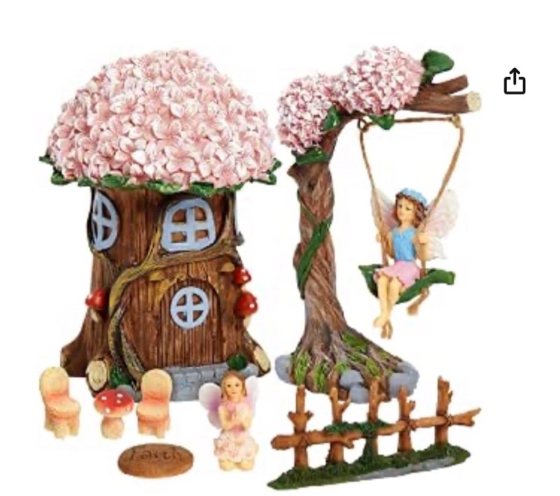 juvale 8 piece miniature fairy garden accessories outdoor decor figurines kit for flower garden, mini whimsical ornaments and decorations for patio, house, garden, desk, yard supplies