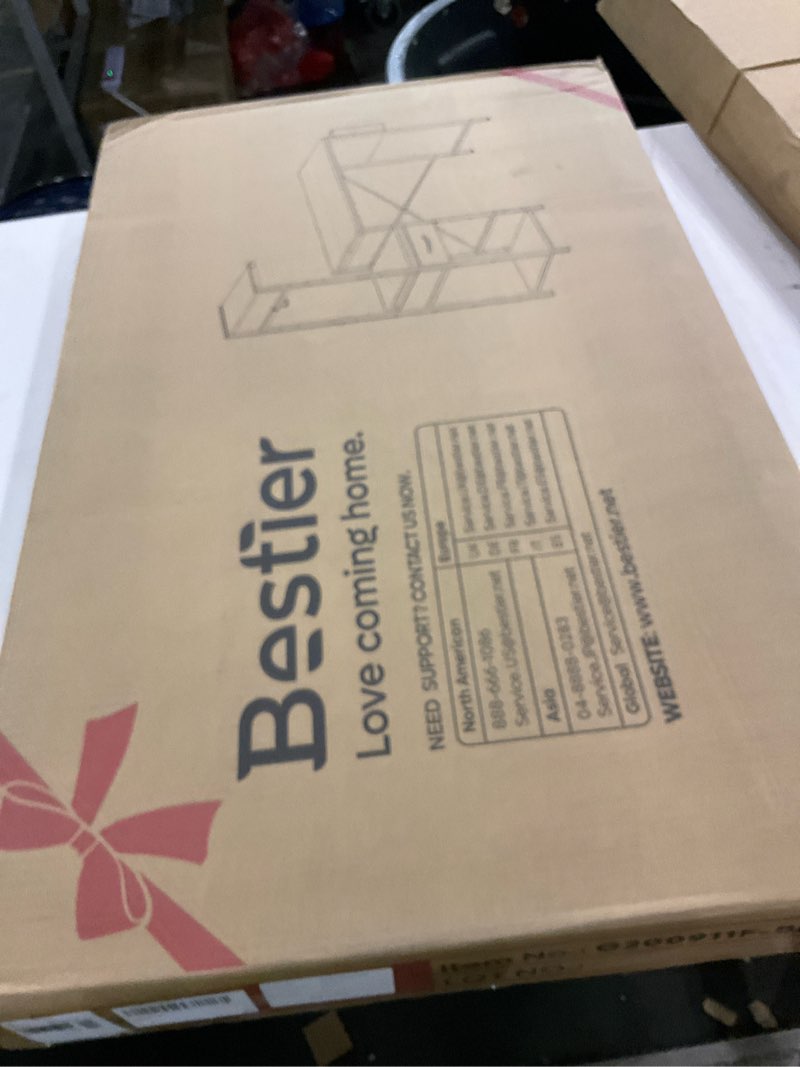 Condition photo showing As Is for Bestier 44 Inch Gaming Desk for Small Spaces, Reversible Computer Desk with Drawers & Shelves, Modern Gamer Desk Table with Side Bag & Headphone Hook for Home Office, Black Black Grained 44 Inch