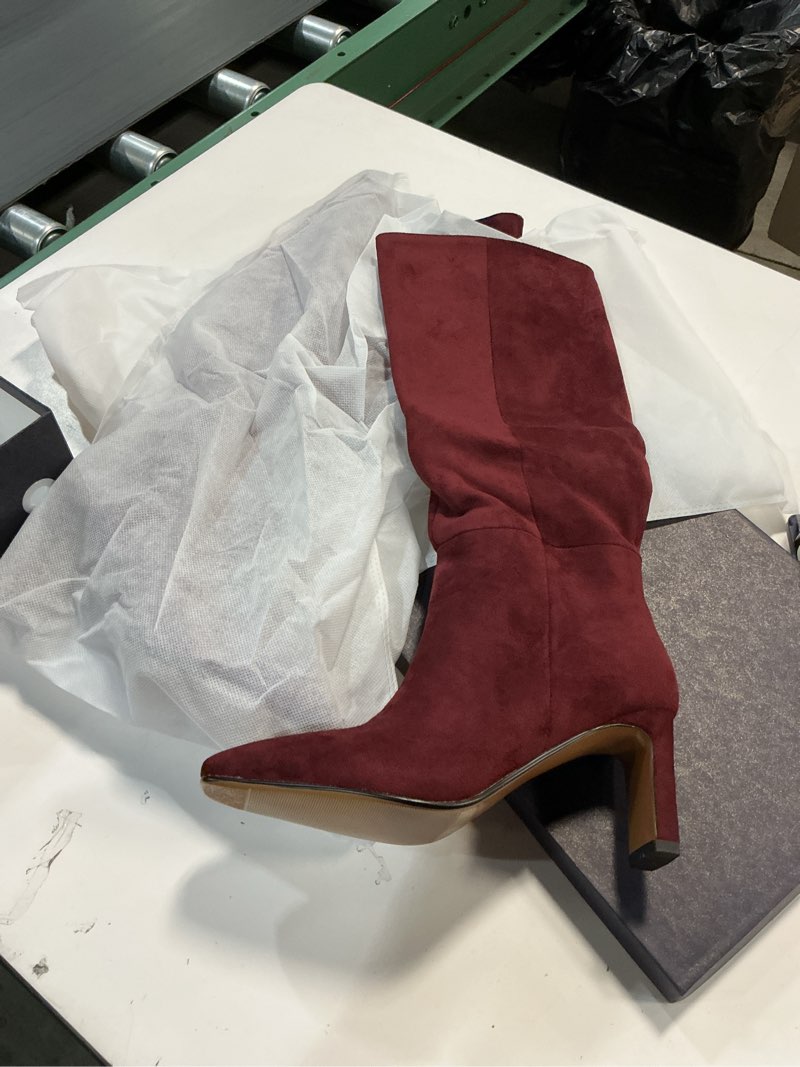 Condition photo showing New/Like New for Burgundy Knee High Boots for Women Square Toe Chunky Heeled Boots Fall Dress Elastic Tall Boots with Zipper 8 Sude-burgundy