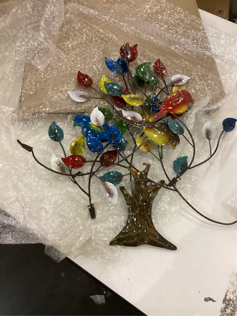 Condition photo showing As Is for dreamskip Tree of Life Metal Wall Art, 27" Large Outdoor Wall Sculpture with Colorful Leaves and Birds, Tree Metal Wall Decor for Outdoor Indoor, Living Room, Bedroom, Patio, Fence, Garden Decor Multicolor Birds