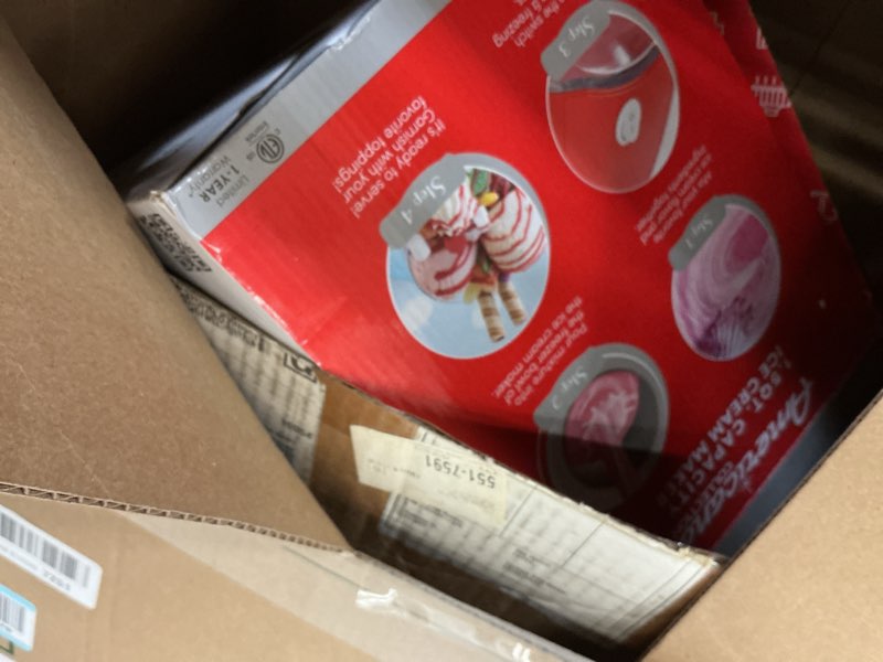 Condition photo showing As Is for americana eim-1400r 1.5 qt freezer bowl automatic easy homemade electric ice cream maker, ingredient chute, on/off switch, no salt needed, creamy ice cream, gelato, frozen yogurt, sorbet, recipe book 1.5 quart red
